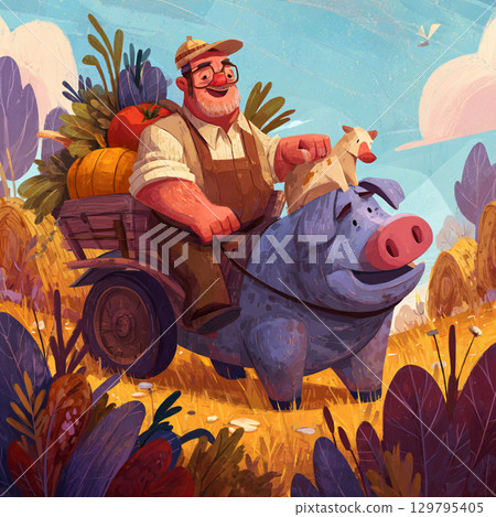 Cartoon Farm Scene with Playful Colors and Happy Farmer 129795405