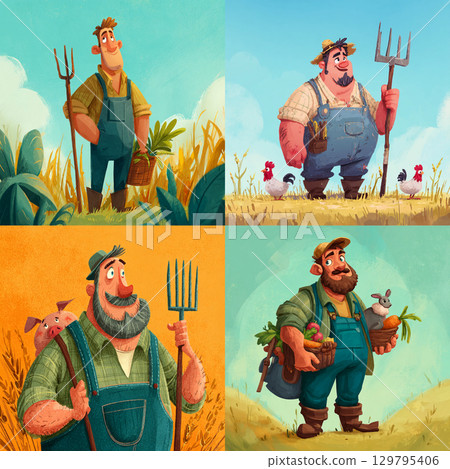 Cartoon Farm Scene with Playful Colors and Happy Farmer 129795406