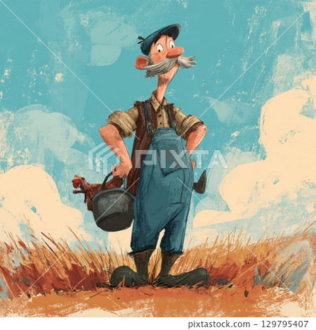 Cartoon Farm Scene with Playful Colors and Happy Farmer Cartoon Farm Scene with Playful Colors and Happy Farmer 129795407