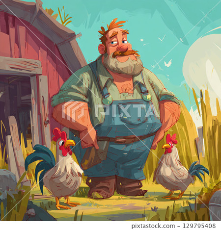 Cartoon Farm Scene with Playful Colors and Happy Farmer Cartoon Farm Scene with Playful Colors and Happy Farmer 129795408