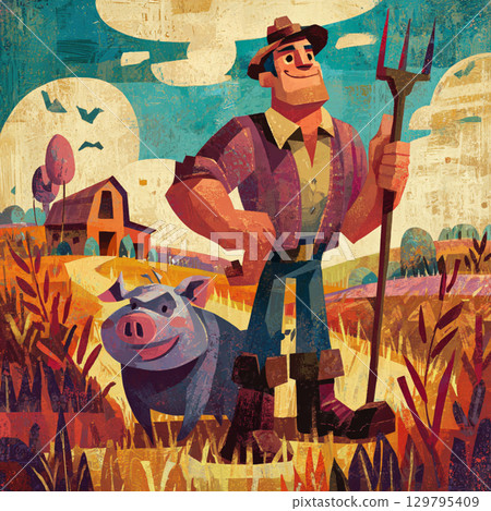 Cartoon Farm Scene with Playful Colors and Happy Farmer Cartoon Farm Scene with Playful Colors and Happy Farmer 129795409