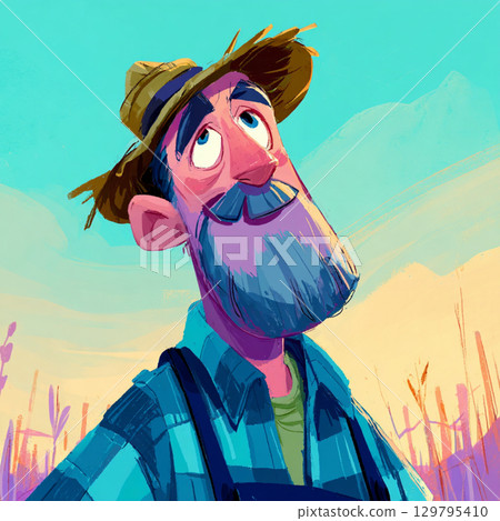 Cartoon Farm Scene with Playful Colors and Happy Farmer 129795410