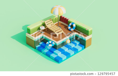 Isometric Summer Swimming Pool with Lounger and Umbrella. 3D Rendering. 129795457