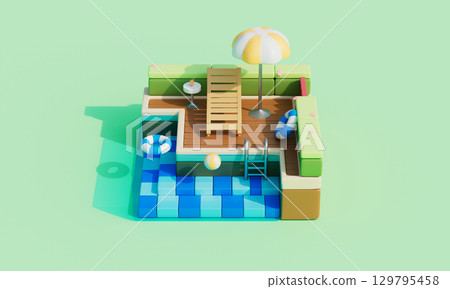 Isometric Summer Swimming Pool with Lounger and Umbrella. 3D Rendering. Isometric Summer Swimming Pool with Lounger and Umbrella. 3D Rendering. 129795458