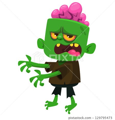 Cartoon funny green zombie. Halloween vector illustration of zombie creature. 129795473