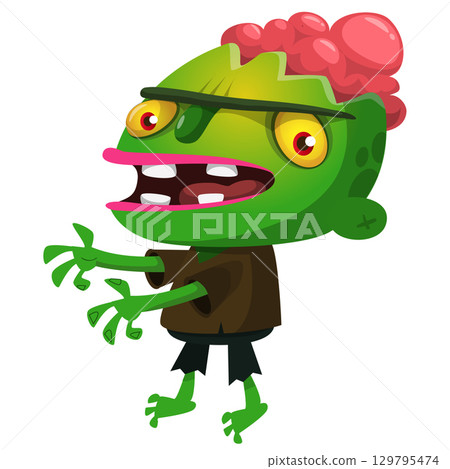 Cartoon funny green zombie. Halloween vector illustration of zombie creature. 129795474