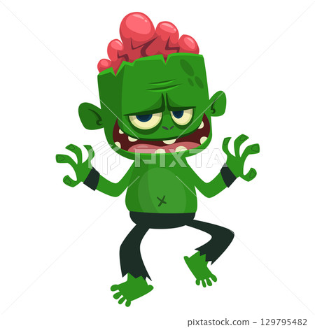 Cartoon funny green zombie character design. Halloween monster vector illustration 129795482