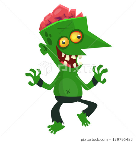 Cartoon funny green zombie. Halloween vector illustration of zombie creature. Cartoon funny green zombie. Halloween vector illustration of zombie creature. 129795483