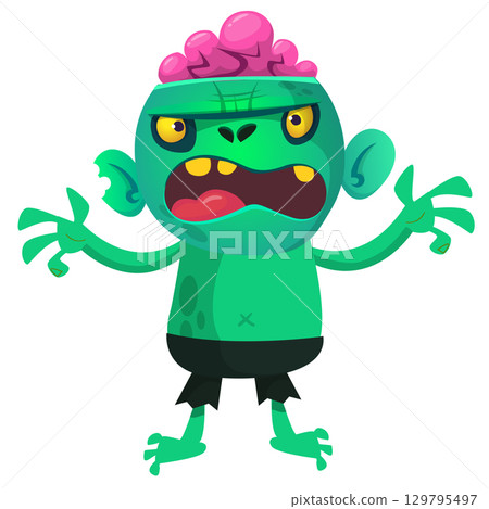 Cartoon funny green zombie. Halloween vector illustration of zombie creature. Cartoon funny green zombie. Halloween vector illustration of zombie creature. 129795497