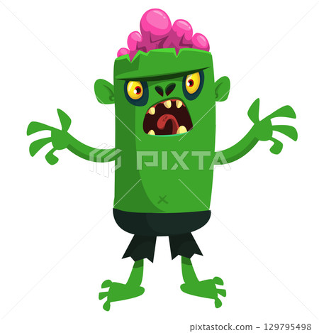 Cartoon funny green zombie. Halloween vector illustration of zombie creature. Cartoon funny green zombie. Halloween vector illustration of zombie creature. 129795498