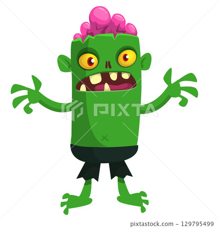 Cartoon funny green zombie. Halloween vector illustration of zombie creature. Cartoon funny green zombie. Halloween vector illustration of zombie creature. 129795499