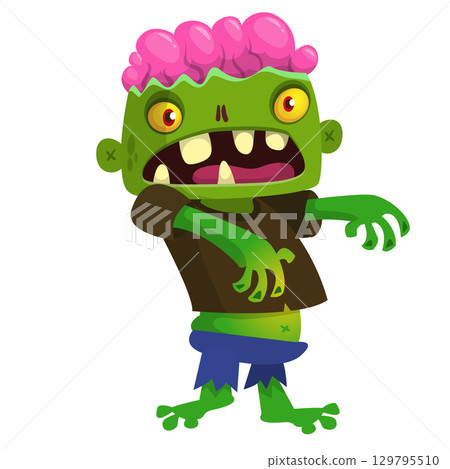 Cartoon funny green zombie. Halloween vector illustration of zombie creature. 129795510