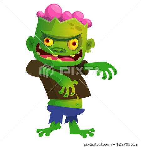 Cartoon funny green zombie. Halloween vector illustration of zombie creature. Cartoon funny green zombie. Halloween vector illustration of zombie creature. 129795512
