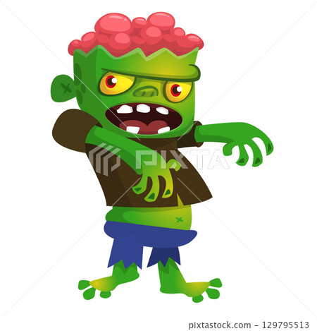 Cartoon funny green zombie. Halloween vector illustration of zombie creature. Cartoon funny green zombie. Halloween vector illustration of zombie creature. 129795513