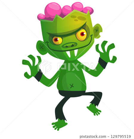 Cartoon funny green zombie. Halloween vector illustration of zombie creature. 129795519