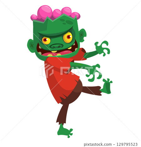 Cartoon funny green zombie. Halloween vector illustration of zombie creature. 129795523