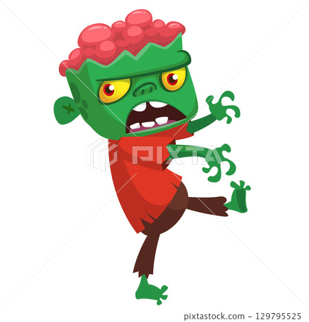 Cartoon funny green zombie. Halloween vector illustration of zombie creature. Cartoon funny green zombie. Halloween vector illustration of zombie creature. 129795525
