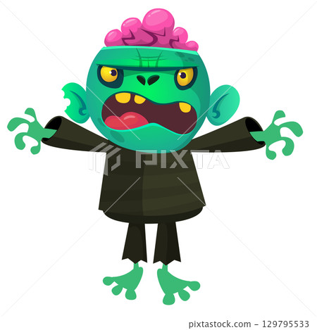 Cartoon funny green zombie. Halloween vector illustration of zombie creature. Cartoon funny green zombie. Halloween vector illustration of zombie creature. 129795533