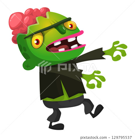 Cartoon funny green zombie. Halloween vector illustration of zombie creature. Cartoon funny green zombie. Halloween vector illustration of zombie creature. 129795537