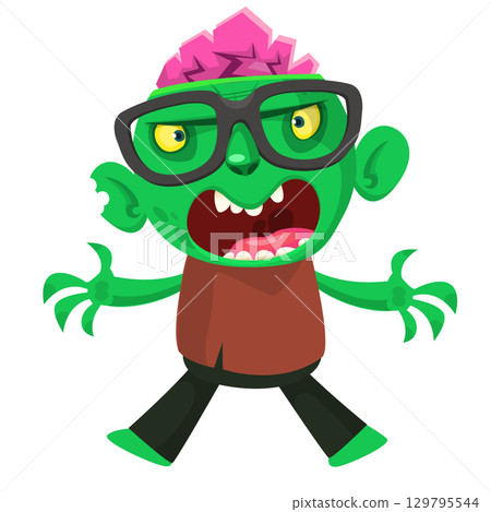 Cartoon funny green zombie. Halloween vector illustration of zombie creature. Cartoon funny green zombie. Halloween vector illustration of zombie creature. 129795544