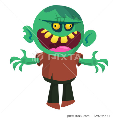 Cartoon funny green zombie. Halloween vector illustration of zombie creature. Cartoon funny green zombie. Halloween vector illustration of zombie creature. 129795547