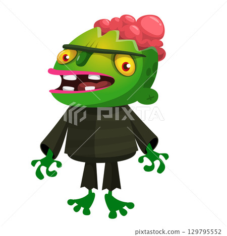 Cartoon funny green zombie. Halloween vector illustration of zombie creature. 129795552
