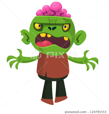 Cartoon funny green zombie. Halloween vector illustration of zombie creature. 129795553