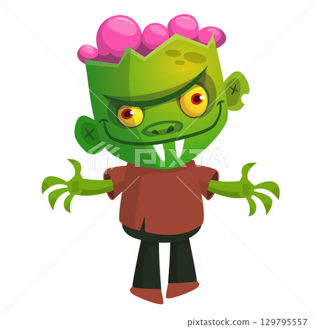 Cartoon funny green zombie. Halloween vector illustration of zombie creature. 129795557