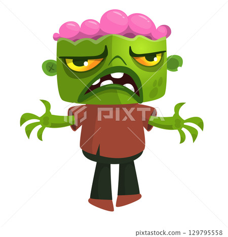 Cartoon funny green zombie. Halloween vector illustration of zombie creature. Cartoon funny green zombie. Halloween vector illustration of zombie creature. 129795558