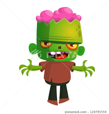 Cartoon funny green zombie. Halloween vector illustration of zombie creature. Cartoon funny green zombie. Halloween vector illustration of zombie creature. 129795559