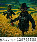 收穫季節鄉村風景中的稻草人 129795568