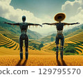 收穫季節鄉村風景中的稻草人 129795570