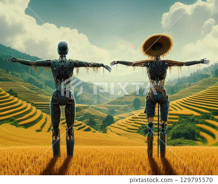 A scarecrow in a rural landscape during the harvest season 129795570