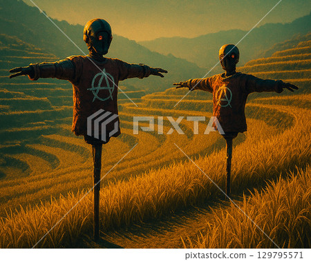 A scarecrow in a rural landscape during the harvest season 129795571