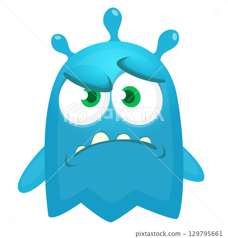 Cartoon ghost with funny excited face expression waving hands . Vector illustration isolated on white. Halloween design Cartoon ghost with funny excited face expression waving hands . Vector illustration isolated on white. Halloween design 129795661