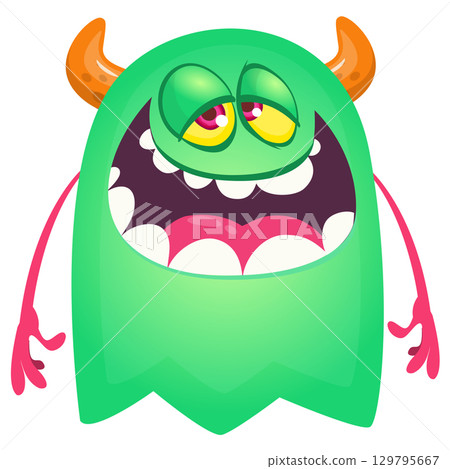 Cartoon ghost with funny excited face expression waving hands . Vector illustration isolated on white. Halloween design Cartoon ghost with funny excited face expression waving hands . Vector illustration isolated on white. Halloween design 129795667