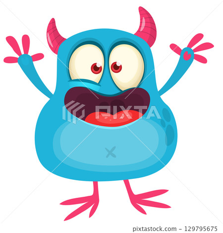 Cartoon cute alien with funny excited face expression waving hands . Vector illustration isolated on white. Halloween design 129795675