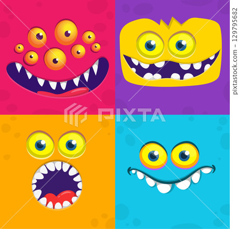 Funny cartoon monster faces. Illustration of alien different expression. Halloween design Funny cartoon monster faces. Illustration of alien different expression. Halloween design 129795682
