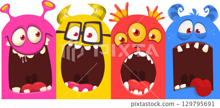 Cartoon monsters and aliens faces set with funny expressions and opened mouth blank space for text. Great for package design or party decoration. Vector isolated Cartoon monsters and aliens faces set with funny expressions and opened mouth blank space for text. Great for package design or party decoration. Vector isolated 129795691