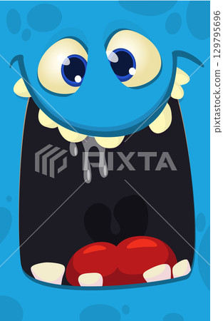 Cartoon monster face with funy expression opened mouth blank space banner for text . Great for package design or party decoration Cartoon monster face with funy expression opened mouth blank space banner for text . Great for package design or party decoration 129795696