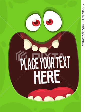 Cartoon monster face with funy expression opened mouth blank space banner for text . Great for package design or party decoration Cartoon monster face with funy expression opened mouth blank space banner for text . Great for package design or party decoration 129795697
