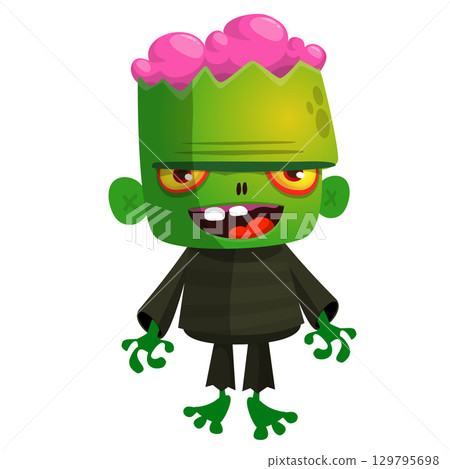 Cartoon funny green zombie. Halloween vector illustration of zombie creature. 129795698