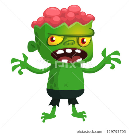 Cartoon funny green zombie. Halloween vector illustration of zombie creature. 129795703