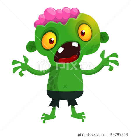 Cartoon funny green zombie. Halloween vector illustration of zombie creature. 129795704