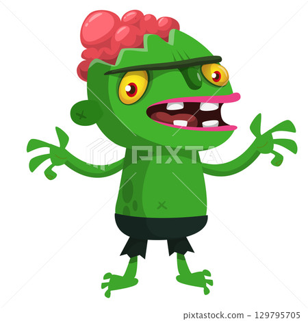 Cartoon funny green zombie. Halloween vector illustration of zombie creature. 129795705