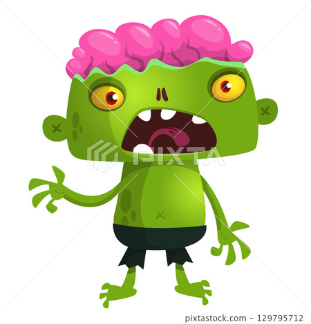 Cartoon funny green zombie. Halloween vector illustration of zombie creature. 129795712