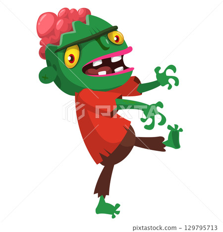 Cartoon funny green zombie. Halloween vector illustration of zombie creature. Cartoon funny green zombie. Halloween vector illustration of zombie creature. 129795713