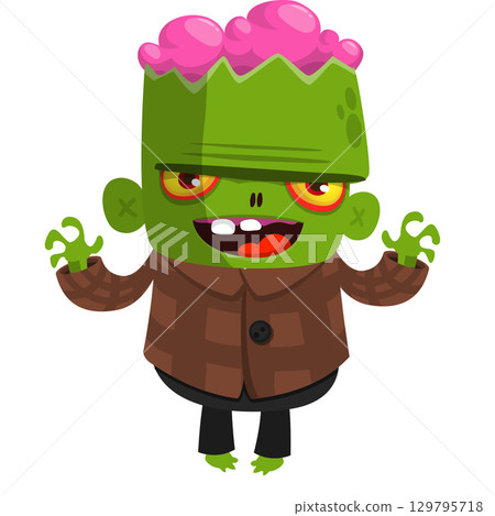 Cartoon funny green zombie. Halloween vector illustration of zombie creature. Cartoon funny green zombie. Halloween vector illustration of zombie creature. 129795718