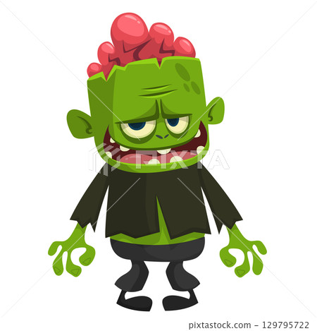 Cartoon funny green zombie. Halloween vector illustration of zombie creature. Cartoon funny green zombie. Halloween vector illustration of zombie creature. 129795722