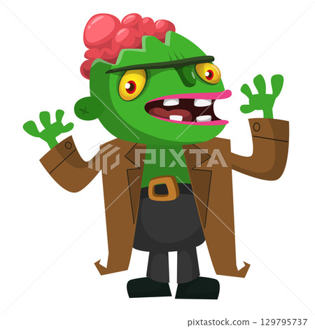 Cartoon funny green zombie. Halloween vector illustration of zombie creature. Cartoon funny green zombie. Halloween vector illustration of zombie creature. 129795737